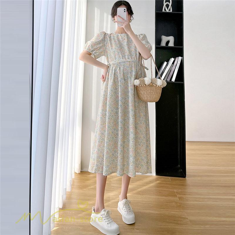 ワンピース | マタニティレディース Aライン 妊婦服 体型カバー 着痩せ マタニティウェア 小花柄 柔らか きれいめ お出かけ マタニティ 夏服 ひざ下丈