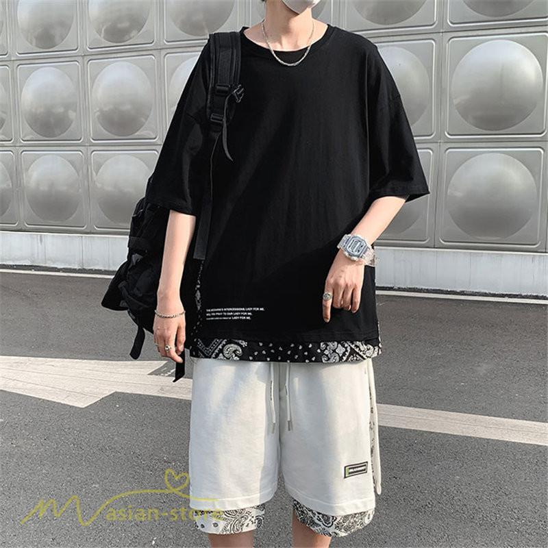 Tシャツ | Tシャツ メンズ 半袖 重ね着風 カジュアル半袖tシャツ 夏新作 メンズスタイル カットソー 上品 切り替え 2XL 大きいサイズ クルーネック 黒 白