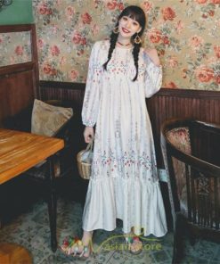 マキシ | ロングワンピース レディース  夏 秋 リゾート ルームワンピース 長袖 ゆったり ロング丈 旅行用 バブルスリーブ かわいい 後ボタン付き レトロ風 丸首