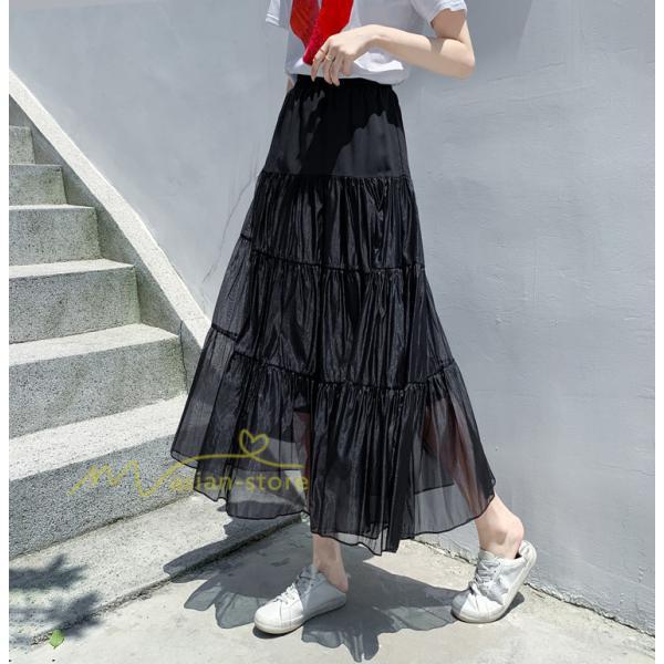 スカート | レディース チュール春夏 コーデ ウエストゴム ロングフレア着痩せ 通勤 カジュアル ドッキング プリーツ通学