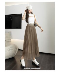 スカート | レディース 春秋 チュール美脚 プリーツロングAライン 体型カバー ボトムス おしゃれ 大人 通勤 お出かけ オシャレ
