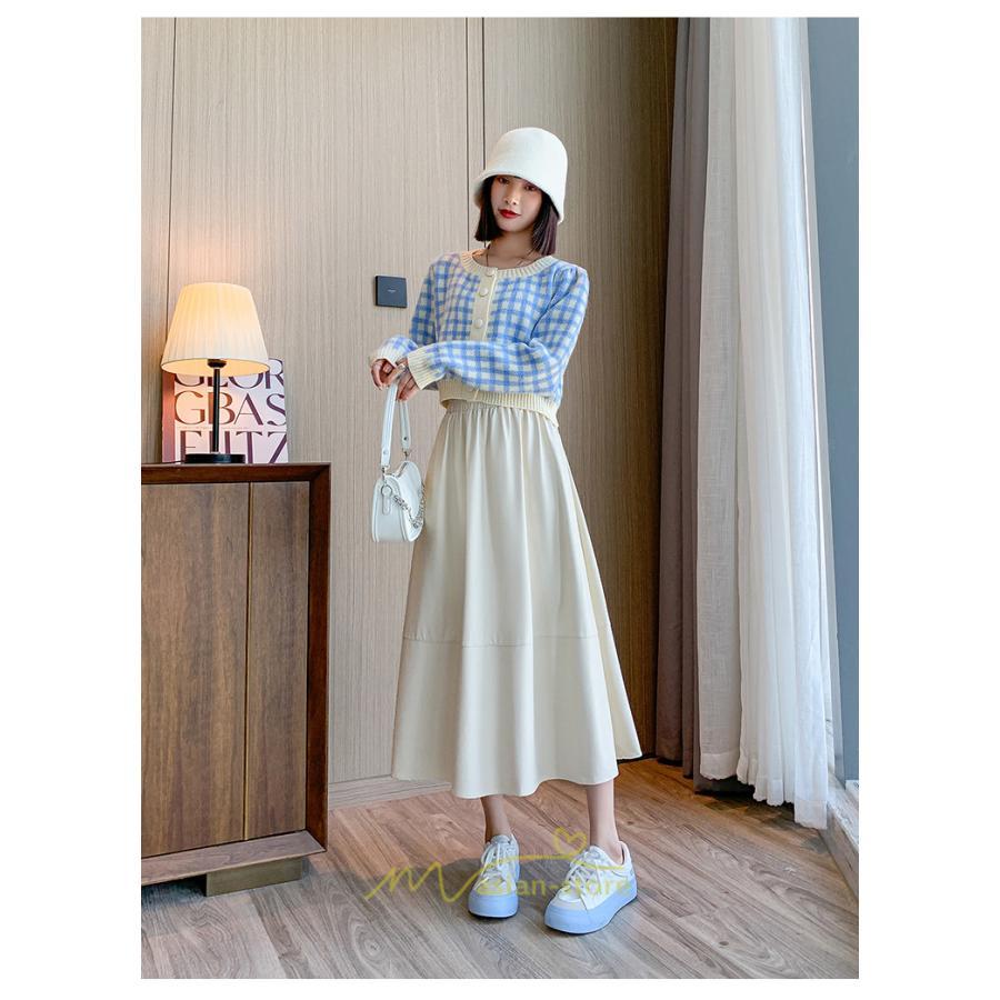 スカート | Pu秋冬 合皮ロングウエストゴム Aラインゆったり 体型カバー ハイウエスト 大人 無地 通学通勤 フレア 広い幅 可愛い