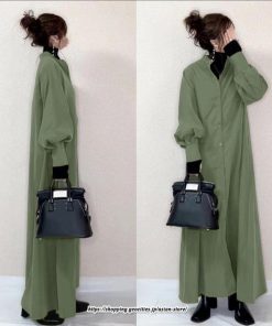 シャツワンピース | ロングパフスリーブ 長袖 フレア Aラインワンピース レディース 秋物 ワンピース 無地 羽織り ロングシャツ 無地 ゆったり