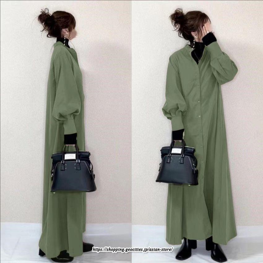 シャツワンピース | ロングパフスリーブ 長袖 フレア Aラインワンピース レディース 秋物 ワンピース 無地 羽織り ロングシャツ 無地 ゆったり