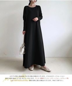 マキシ | Aラインワンピース ワンピース レディース 無地 長袖 マキシワンピース プルオーバー カジュアル 20代 30代 ゆったり 体型カバー フレア 40代 50代 おしゃれ