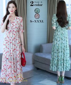 ミディアム | ワンピース レディース 着痩せ ロング丈 ロングワンピース カジュアル 花柄 Vネック 大きいサイズ ひざ下丈 サマーワンピース 40代 夏服 お出かけ 30代 20代