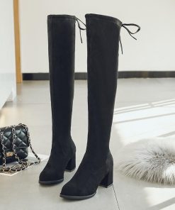 ロングブーツ | ストレッチニーハイブーツ レディース チャンキーヒール レースアップ スエードブーツ ミドルヒール 太ヒール 膝上丈 大きいサイズ 黒ブーツ