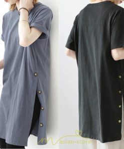 ｔシャツ・カットソー | Tシャツ レディース 半袖 ロングｔ 綿 ワンピース 無地 ラウンドネック トップス 麻 夏 ゆったり リラックス サイドスリット 20代30代 ロング丈 40代50代 可愛い