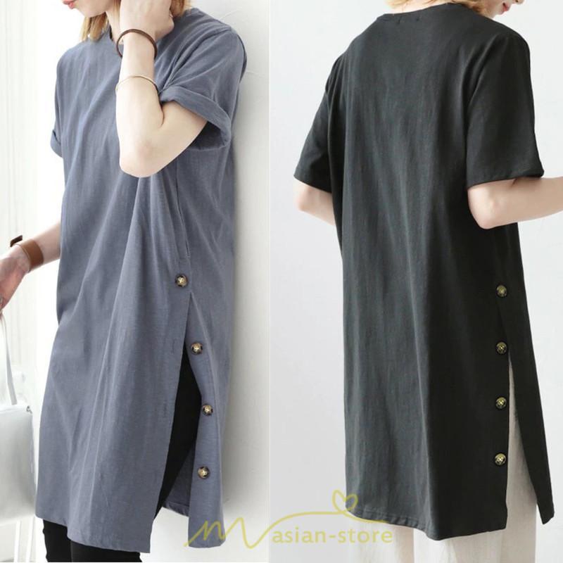tシャツ・カットソー | Tシャツ レディース 半袖 ロングt 綿 ワンピース 無地 ラウンドネック トップス 麻 夏 ゆったり リラックス サイドスリット 20代30代 ロング丈 40代50代 可愛い