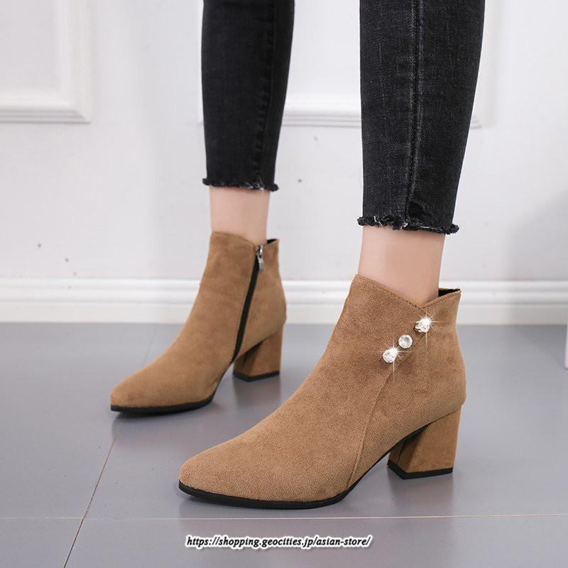 ブーツ | ショートブーティ レディース スエード調 太めヒール 靴 人工水晶 キラキラ オシャレ お出かけ デート キレイめ 通勤 20代30代40代50代