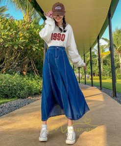 スカート | デニムウエストゴム ロングAライン 無地 ゆったりシルエット 広い裾幅 ハイウエスト Denim 秋冬 秋物 レディース 秋服 デニム