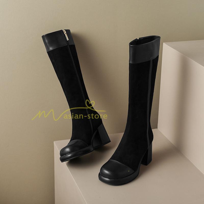 ロングブーツ | レディース ブーツ 秋冬 シューズ 靴 太ヒール チャンキーヒール 合皮ブーツ PUブーツ ロング靴 コスプレ COS くつ 大人 サイドファスナー