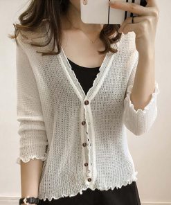 透かし編みトップス | 羽織 カーディガン 薄手 長袖 サマーニット冷房対策 ニットカーディガン Vネック レディース