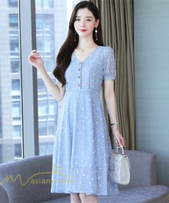 ミディアム | ワンピース レディース 着痩せ 半袖 Vネック カジュアル Aラインワンピース 大きいサイズ 上品 ドット柄 気質 春 新作 サマーワンピース 夏 おしゃれ