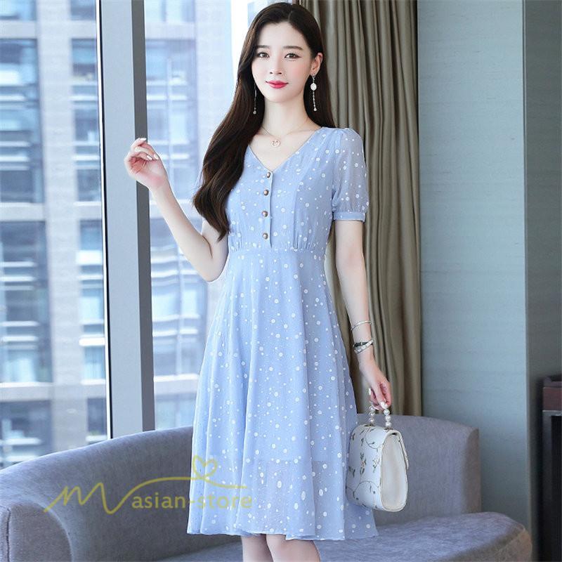 ミディアム | ワンピース レディース 着痩せ 半袖 Vネック カジュアル Aラインワンピース 大きいサイズ 上品 ドット柄 気質 春 新作 サマーワンピース 夏 おしゃれ