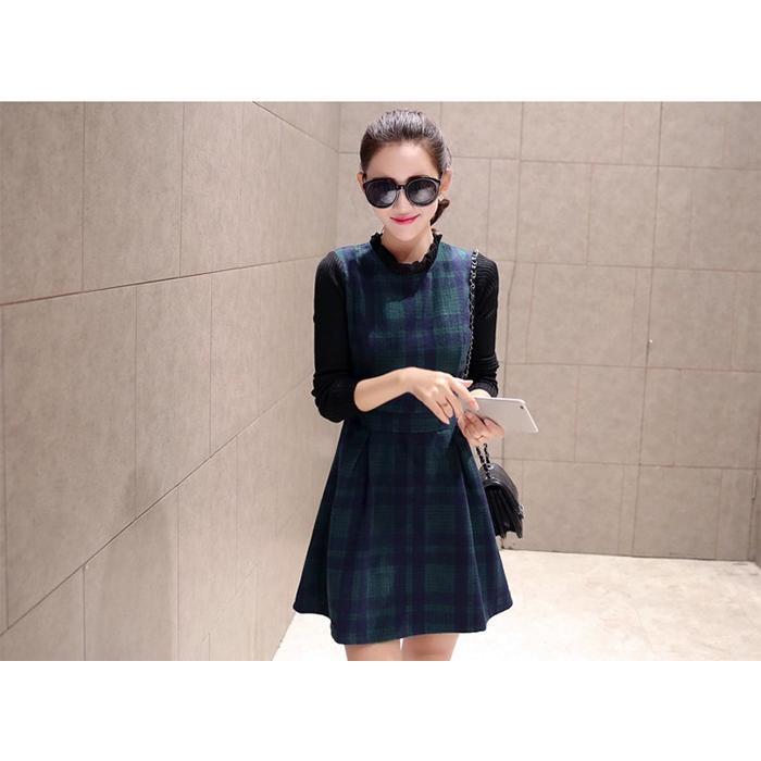 ニットワンピース | 即日秋冬 切り替え チェック柄 ドッキングワンピース ニット セーター 長袖 Aライン 20代30代 クルーネック 大人 可愛い 膝上丈