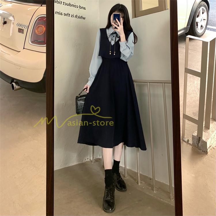 マキシ | ロングワンピース 秋物 レディース ミモレ丈 Aラインワンピース 切り替え フェイク レイヤード風 お呼ばれワンピース 30代40代 着やせ シャツカラー 重ね着風