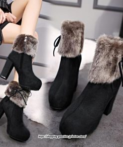 ブーツ | ショートレディース 10cmハイヒール ファー 冬用 保温防寒 太めヒール サイドジッパー あったか 痛くない オシャレ 冬靴 痛くない 歩きやすい
