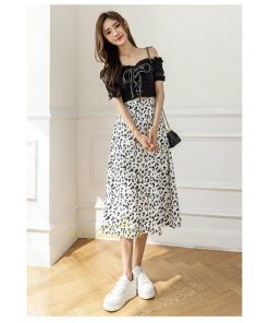 スカート | ミモレ丈 柄 ロング 秋 フレアウエストゴム ヒョウ柄 マキシ 白 黒 カジュアル 通勤通学 ロング20代30代40代 お出かけ