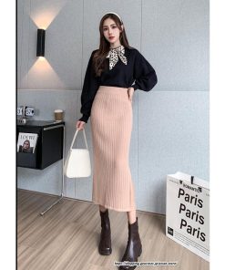 スカート | ニットストレッチレディース 秋冬 ロング丈 ミモレ丈 後ろスリット入れ タイトウエストゴム スリム リブニット 大人