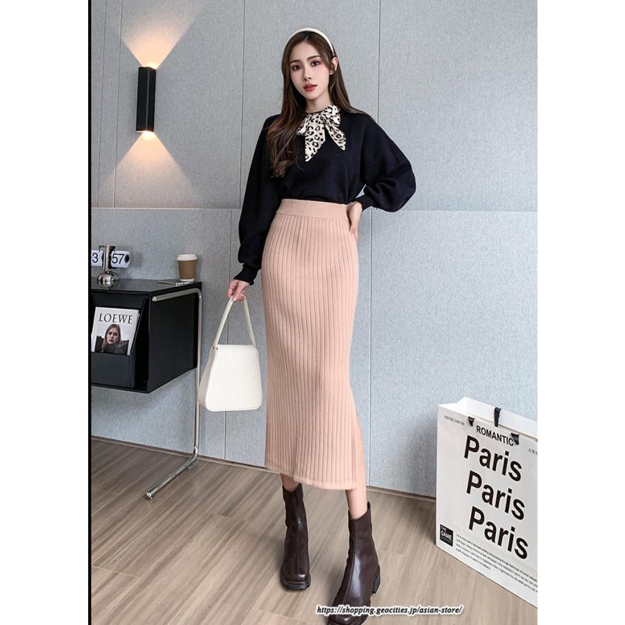 スカート | ニットストレッチレディース 秋冬 ロング丈 ミモレ丈 後ろスリット入れ タイトウエストゴム スリム リブニット 大人