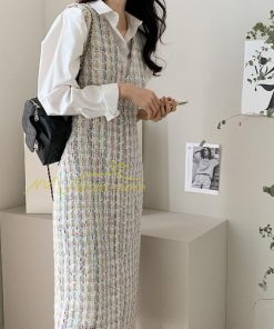 マキシ | ワンピース ノースリーブ Vネック ミモレ丈 ツイードワンピース スリット キラキラ 美ライン 女シルエット エレガント 秋物 レディース 秋冬 フェミニン