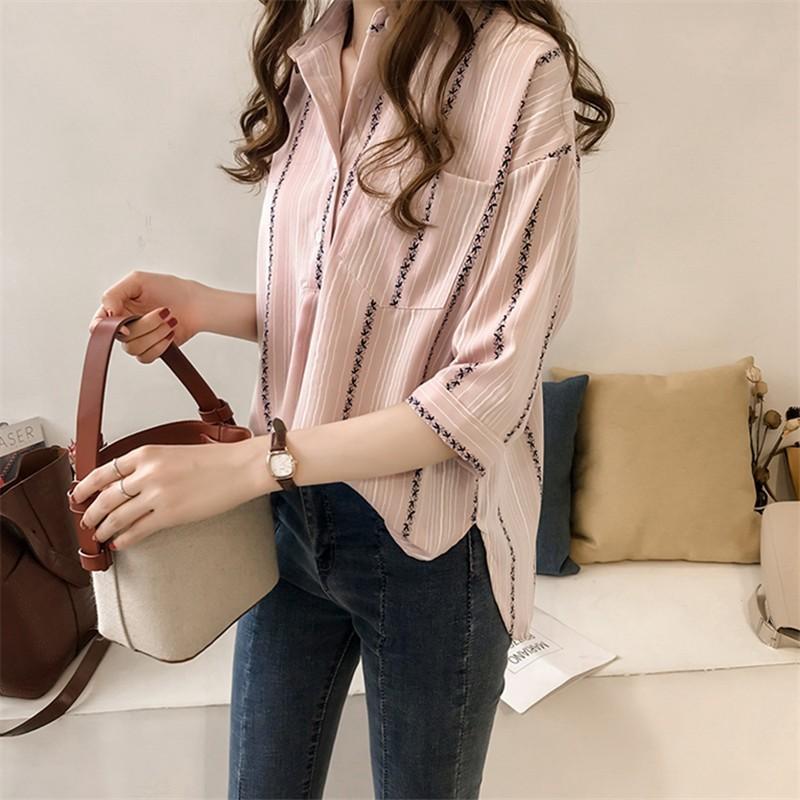 シャツ・ブラウス | 七分袖ブラウス レディースシャツ ストライプ プルオーバー 可愛い スリム ピンク 夏服 女の子 ストリート カジュアル 通勤 ブラウス かわいい 通学