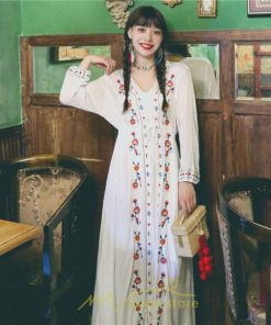 マキシ | ワンピース レディース ロング丈 サマードレス 花柄 リゾートワンピ Aライン 長袖 体型カバー ママ 大人 ゆったり 夏秋 Ｖネック 着痩せ 綿麻 刺繍 旅行 SNS映え