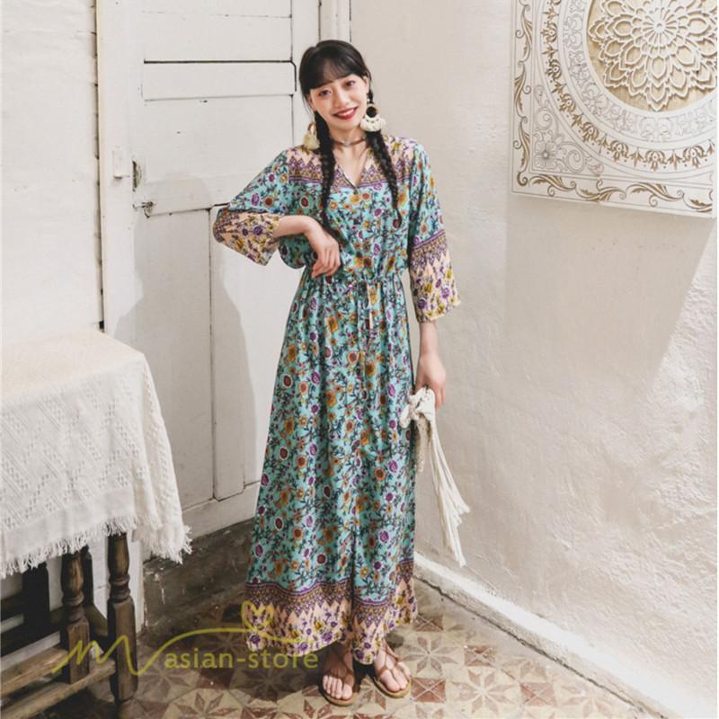 マキシ | ワンピース レディース 総柄 きれいめ ロングワンピース 可愛い カジュアル 春 夏 秋 40代 7分袖 上品 きれいめ 民族風 旅行着 おしゃれ プルオーバー