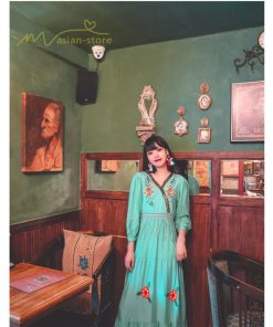 マキシ | ワンピース レディースワンピース 春夏 マキシワンピース ハイウエスト 長袖 二次会 通勤 OL 40代 着痩せ 刺繍 Vネック Aライン カジュアル エスニック 4色