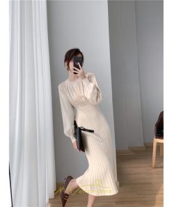 ニットワンピース | レディース 冬 きれいめ ロング おしゃれ 秋冬 長袖 送料無料 着痩せ 無地 通勤 提灯袖 可愛い パフスリーブ 20代30代40代50代