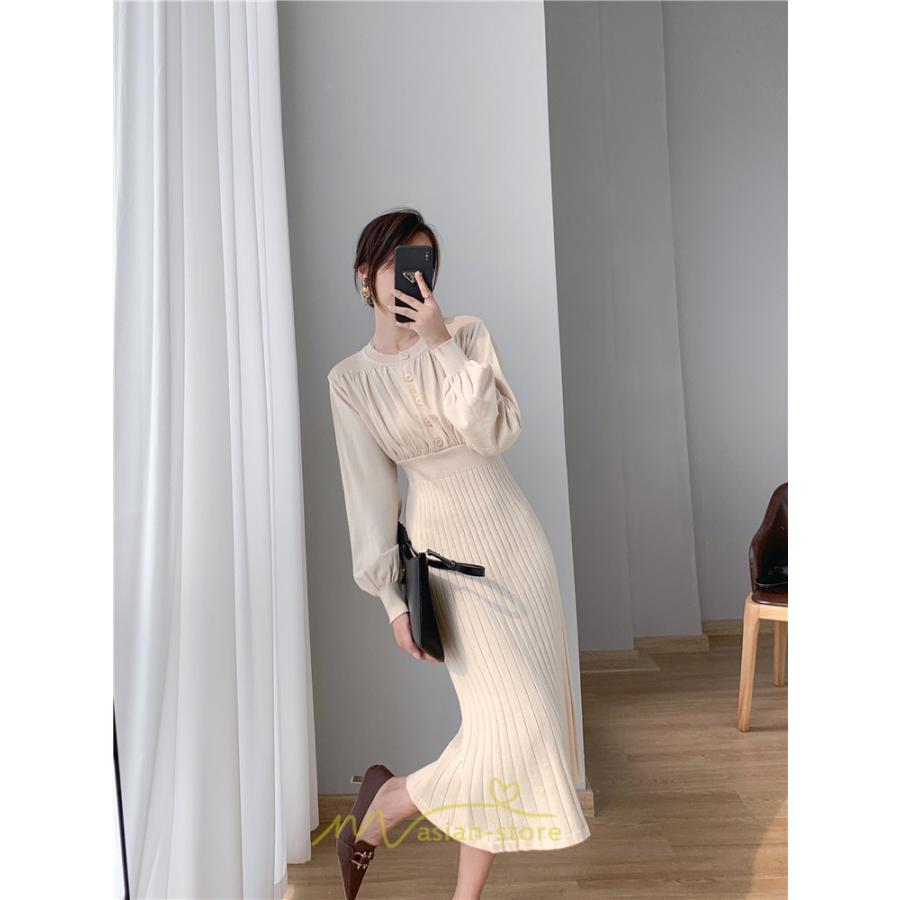 ニットワンピース | レディース 冬 きれいめ ロング おしゃれ 秋冬 長袖 送料無料 着痩せ 無地 通勤 提灯袖 可愛い パフスリーブ 20代30代40代50代