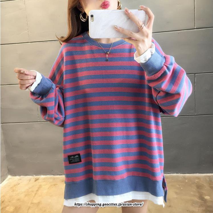 パーカー | 重ね着風トレーナー レディース 長袖 トップス カジュアル スウェット ボーダー柄 ゆったり トレーナー トップス 切り替え 可愛い きれいめ レイヤード風