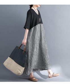 在庫ある | 短納期ロングリネンAラインワンピース ゆったりチェックワンピース 切り替えドッキングワンピ レディース 薄手 春夏衣装 通学通勤 オフィス カジュアル 海