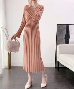 ワンピース | ニット秋冬 レディース ミモレワンピ きれいめ 膝丈下 Vネック フェミニン 長袖リブニット