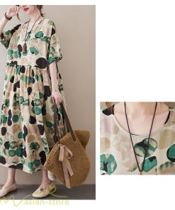 マキシ | Aラインワンピース レディース フリーサイズ 着痩せ プリント 5分袖 クルーネック 麻 綿 リネン 体型カバー ゆったり 薄手 サマーワンピース 夏コーデ