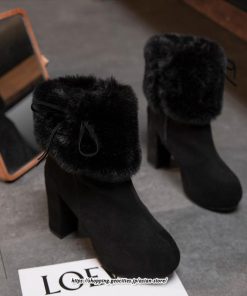 ブーツ | ショートレディース 10cmハイヒール ファー 冬用 保温防寒 太めヒール サイドジッパー スエード調 痛くない 冬靴 オシャレ 歩きやすい 痛くない