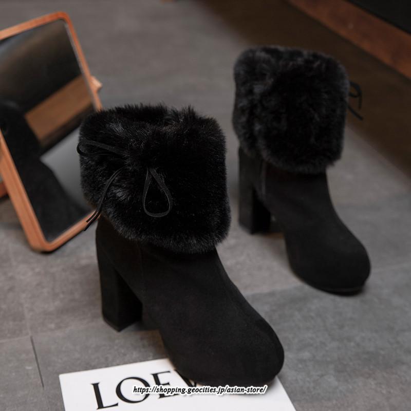 ブーツ | ショートレディース 10cmハイヒール ファー 冬用 保温防寒 太めヒール サイドジッパー スエード調 痛くない 冬靴 オシャレ 歩きやすい 痛くない