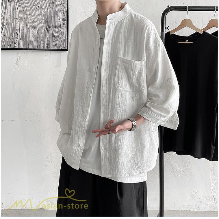 シャツ | メンズ 夏コーデ 2021新作 ライトアウター 5分袖 7分袖 スタンドカラー 麻綿 無地 カッコイイ お出かけ カジュアルトップス 薄手 夏着 アウトドア