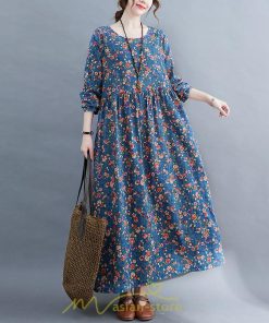 マキシ | ワンピース レディース 大きいサイズ 長袖 ロング丈 マキシ丈 丸首 コットン 花柄 青 夏 秋 体型カバー 着痩せ ゆったり ポケット 美シルエット 広がる裾 通勤