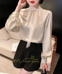 シャツ・ブラウス | ブラウス リボン リボンタイ バルーン袖 バルーンスリーブ シャツ 無地 長袖シャツ ファッション カジュアル エレガント 細身 OL オシャレ 通勤 新作 優雅 上品