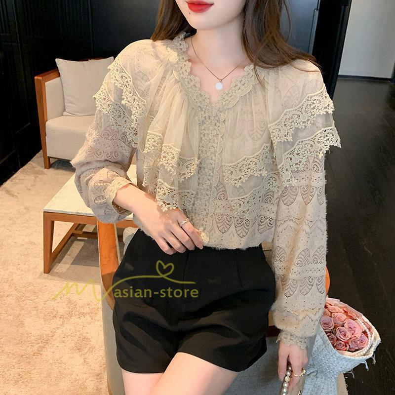 シャツ・ブラウス | ブラウス レディース きれいめ 40代 春秋新作 オシャレブラウス 無地シャツ 長袖トップス レースvネックブラウス 大人 50代 シャツ30代 ゆったり 通勤 夏物