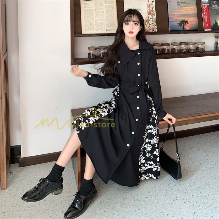 マキシ | ロングワンピース 秋物 レディース ミモレ丈 Aラインワンピース 切り替え フェイク レイヤード風 シャツワンピ お呼ばれワンピース 30代40代 着やせ 重ね着風