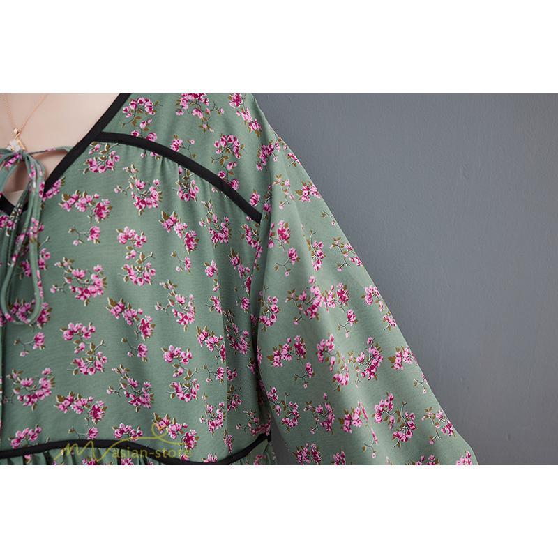 マキシ | ワンピース レディース Vネック 7分袖 秋 ロングワンピース フリーサイズ 花柄 40代 50代 大人 レトロ風 ゆるワンピース カジュアル 秋コーデ 30代 大人 20代