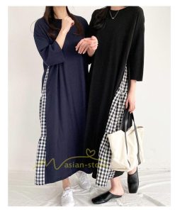 マキシ | ワンピース レディース 40代 ロングワンピース 春夏 切り替え チェック柄 お洒落 長袖 ゆったり カジュアル 通勤 30代 体型カバー 重ね着風 着痩せ 大きいサイズ