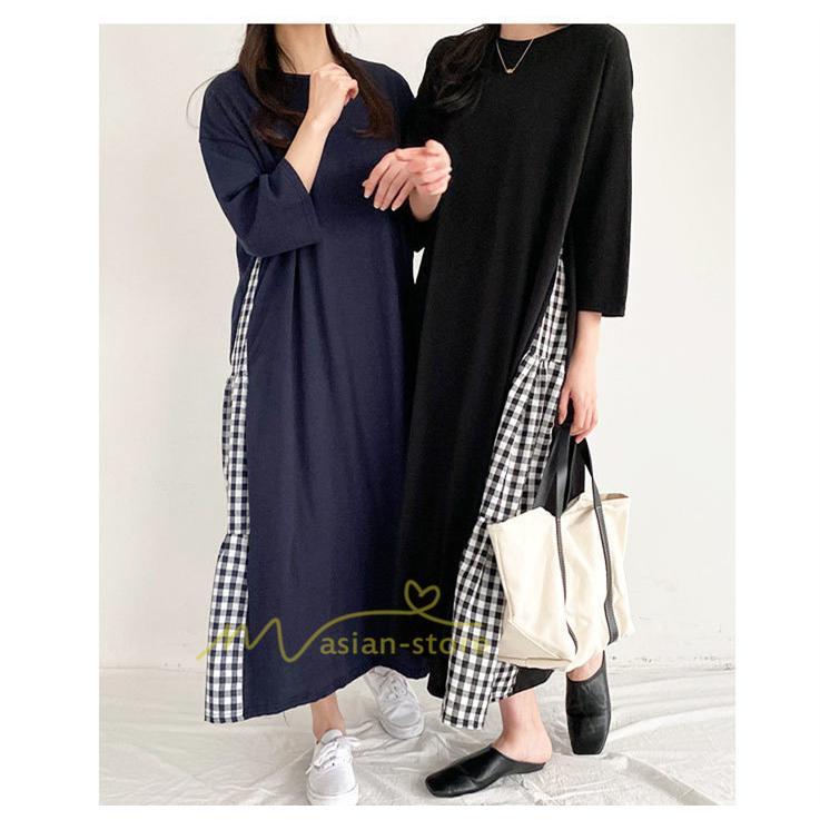マキシ | ワンピース レディース 40代 ロングワンピース 春夏 切り替え チェック柄 お洒落 長袖 ゆったり カジュアル 通勤 30代 体型カバー 重ね着風 着痩せ 大きいサイズ