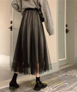 スカート | チュール秋冬 チュールフレアロングキラキラ ふんわり ウエストゴム レディース Aラインミモレ丈可愛 キレイめ ボトムス