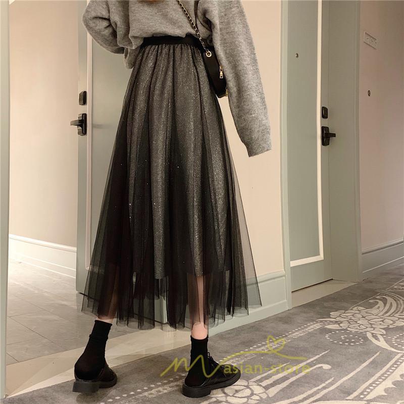 スカート | チュール秋冬 チュールフレアロングキラキラ ふんわり ウエストゴム レディース Aラインミモレ丈可愛 キレイめ ボトムス