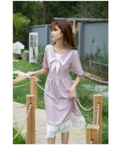 マキシ | ワンピース レディース 春夏 半袖 ハーフスリーブ ワンピース セーラーカラー ロング丈 マキシ丈 フレア お出かけ ビッグ裾幅 ゆったり ワンピース かわいい