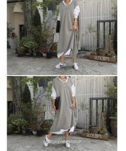 マキシ | ニットベストワンピース レディース 40代 秋冬 ワンピース Vネック ニットロングベスト ニットワンピース ゆったり ひざ下 オシャレ 韓国風 無地カジュアル